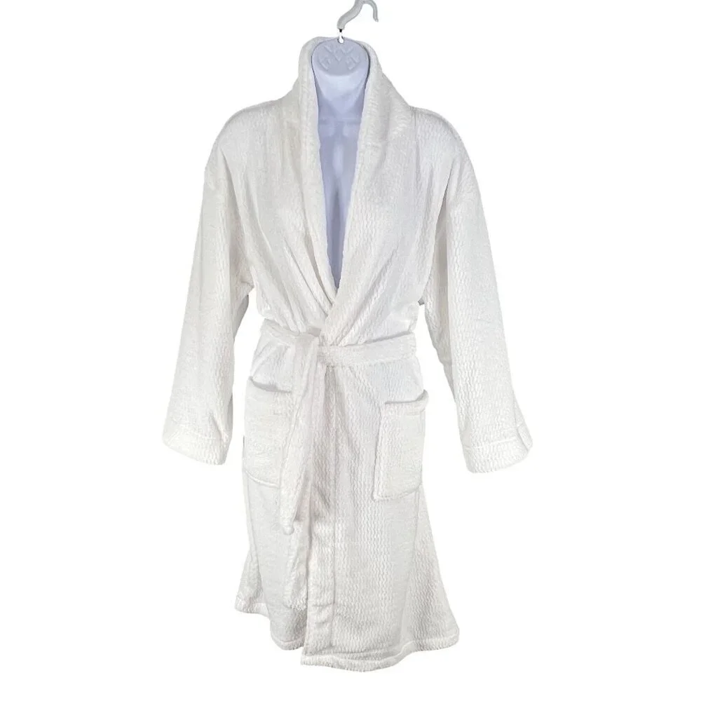 Ulta Beauty NWT Womens S/M White Textured Plush Spa Robe Belted Pockets